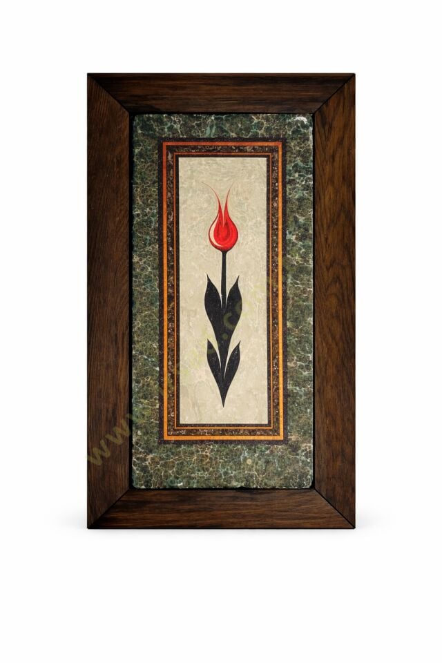 lale motif Ahşap Çerçeveli Taş Tablo Pano 25,5 x 15,5 cm