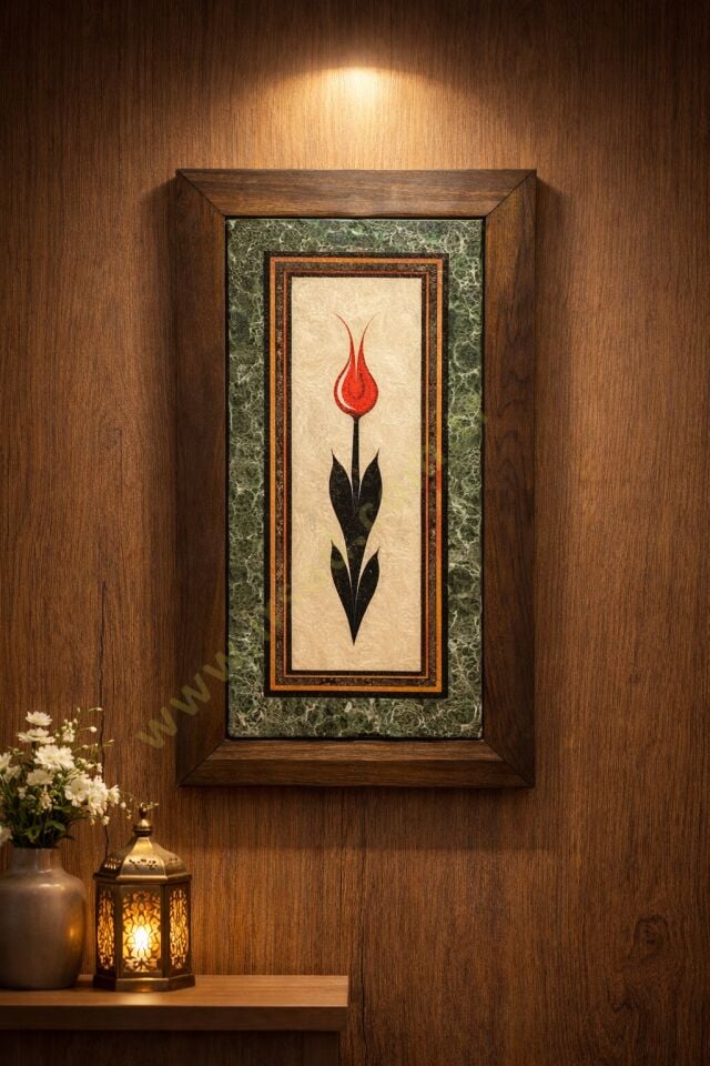 lale motif Ahşap Çerçeveli Taş Tablo Pano 25,5 x 15,5 cm